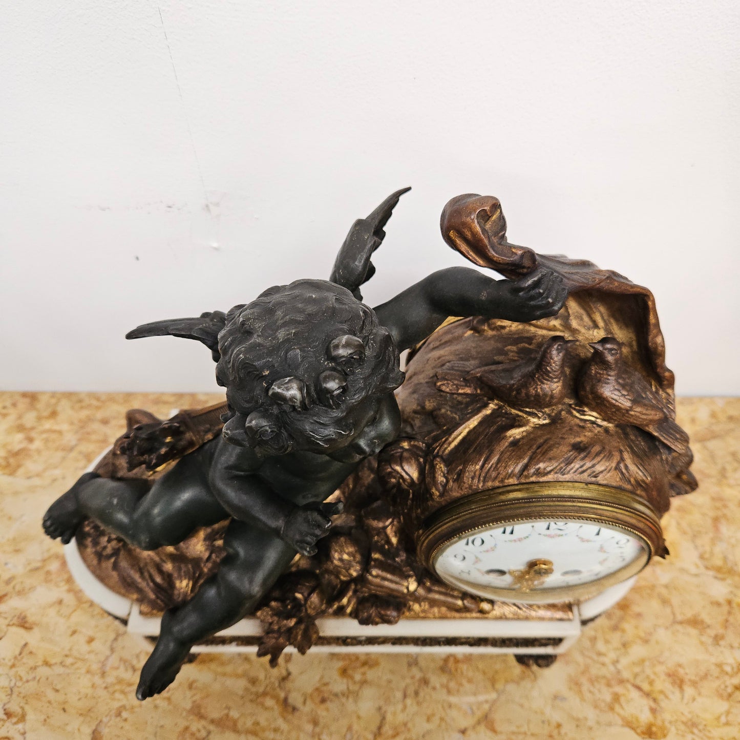 French Cherub Gilt & Marble Mantle Clock