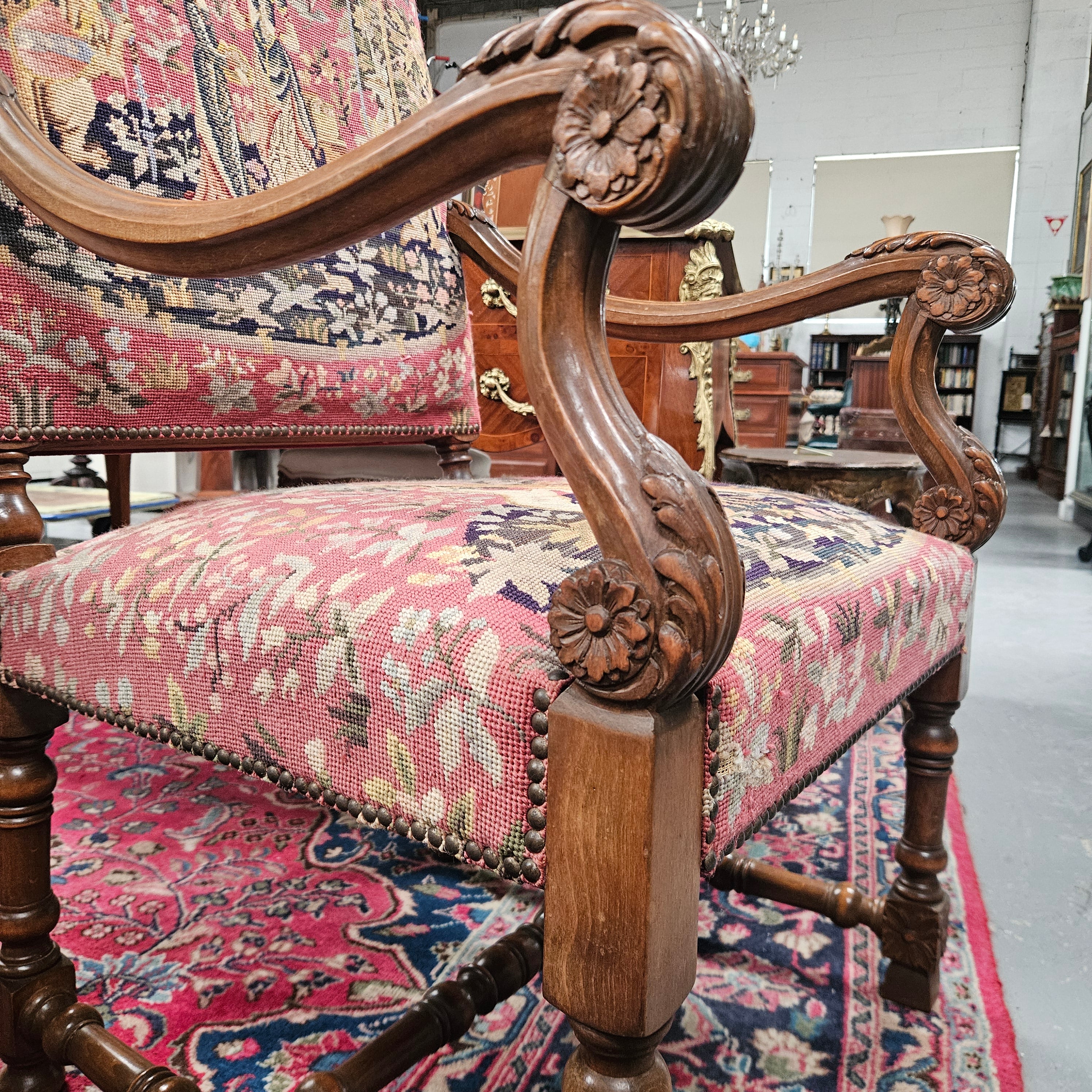 French 19th Century Walnut & Tapestry Fireside / Throne Chair | Antique & Vintage | Moonee Ponds Antiques | Australia Wide Delivery