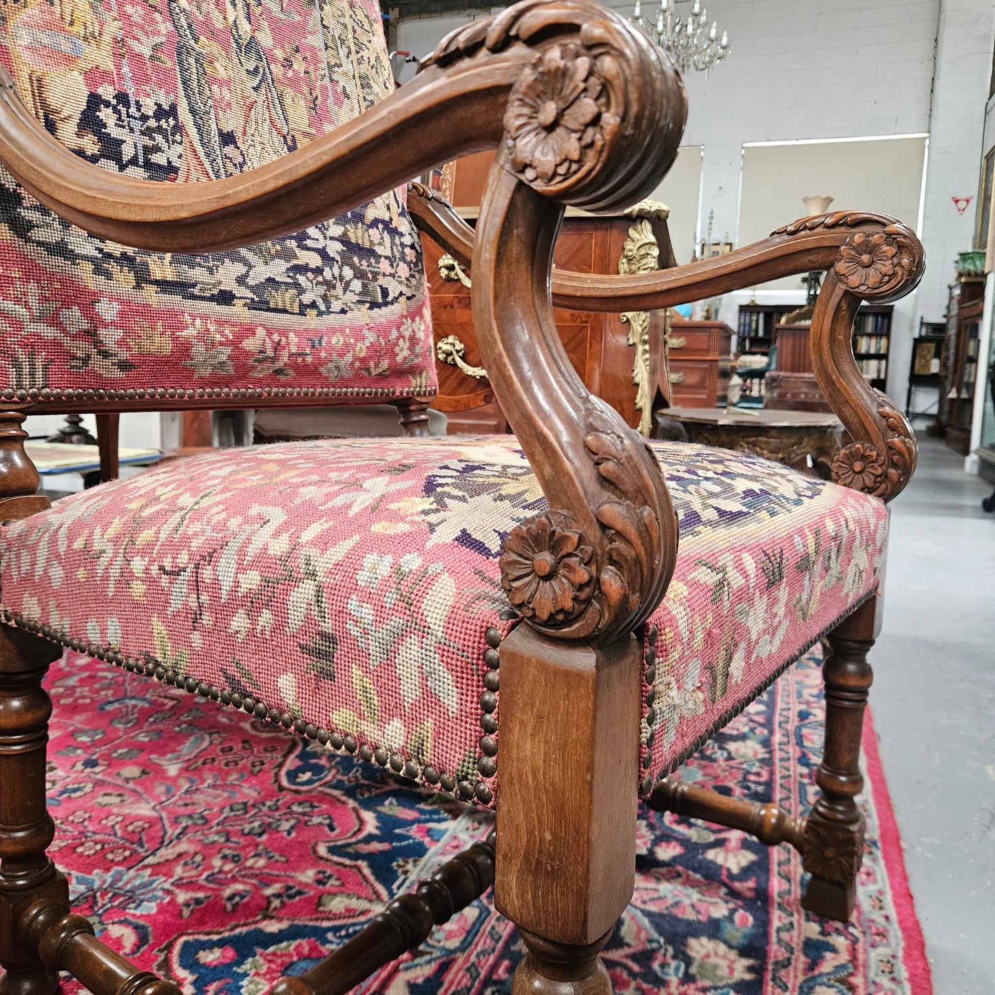 French 19th Century Walnut & Tapestry Fireside / Throne Chair