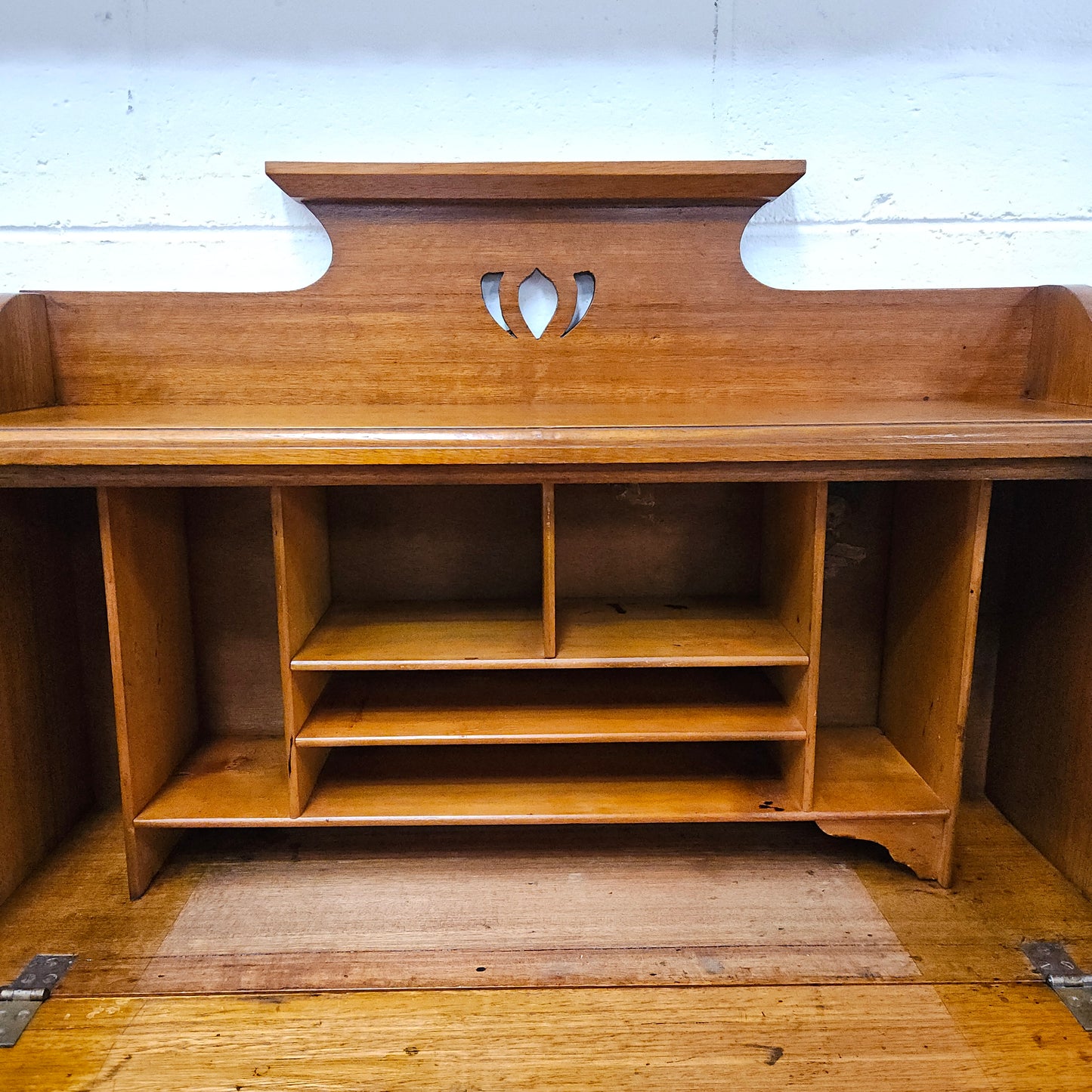 Australian blackwood Arts and Crafts secretaire desk. Sourced locally and in good original detailed condition. 