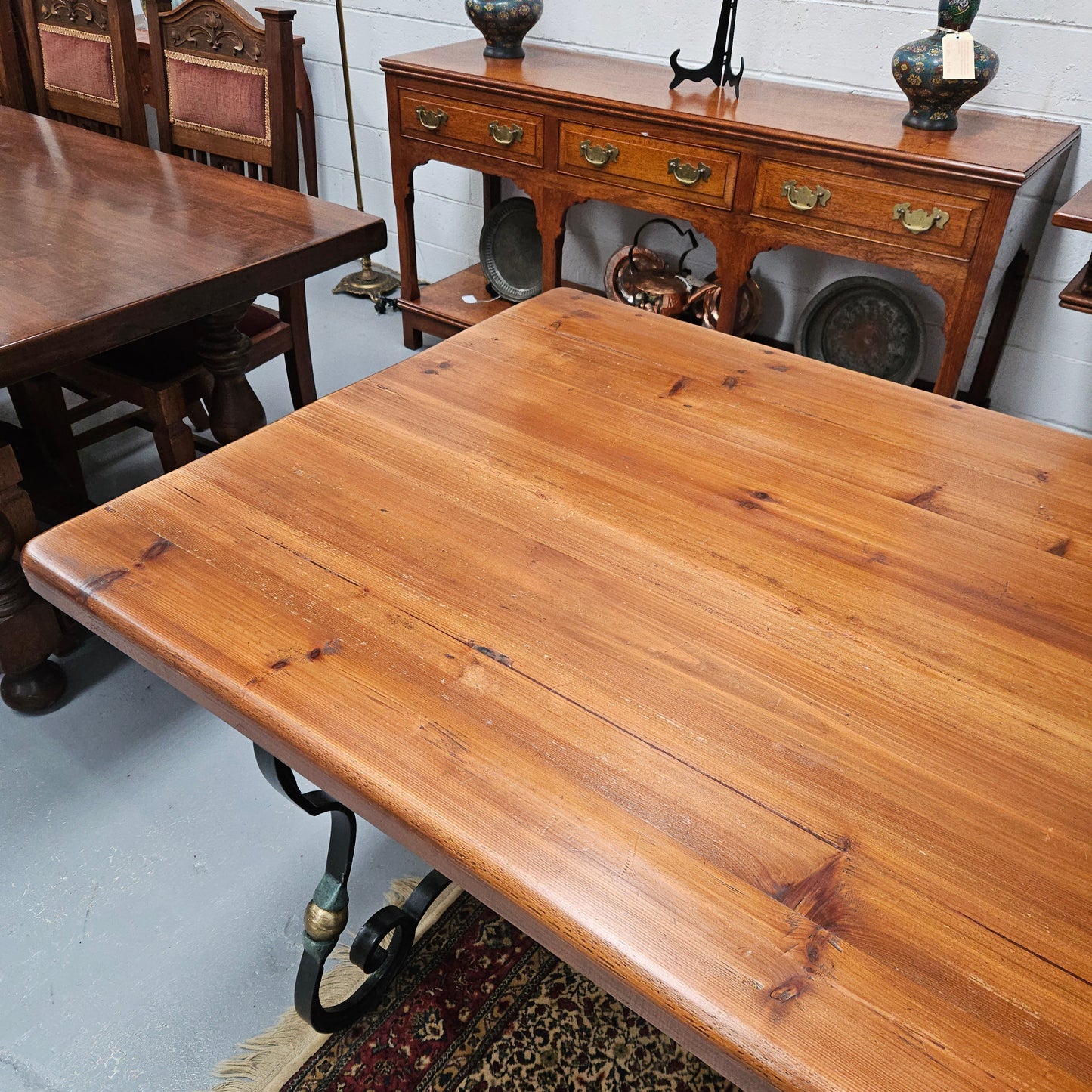 Vintage Fruitwood Spanish Style Refectory Table With Cast Iron Base