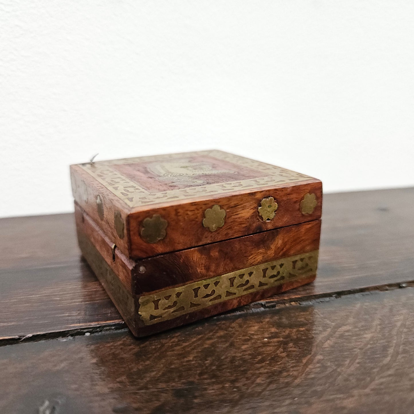 Vintage Brass Inlaid Wooden Hinged Trinket Box