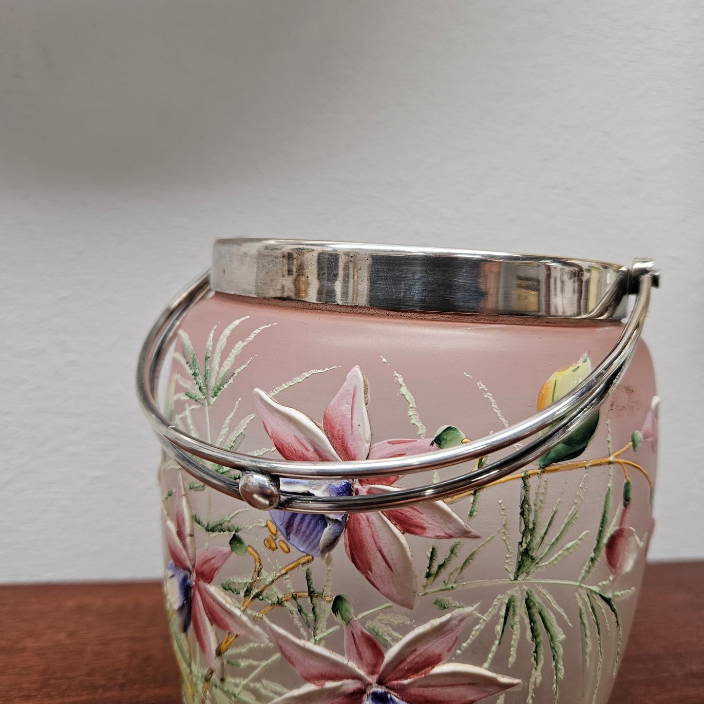 Edwardian Glass Enamel Decorated Biscuit Barrel