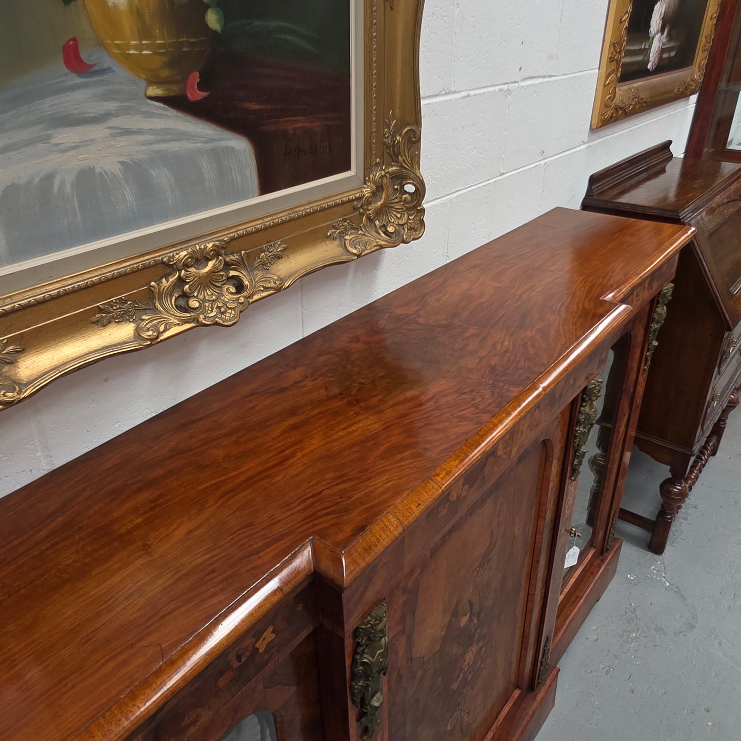 Outstanding Burr Walnut & Marquetry Antique Bookcase Credenza