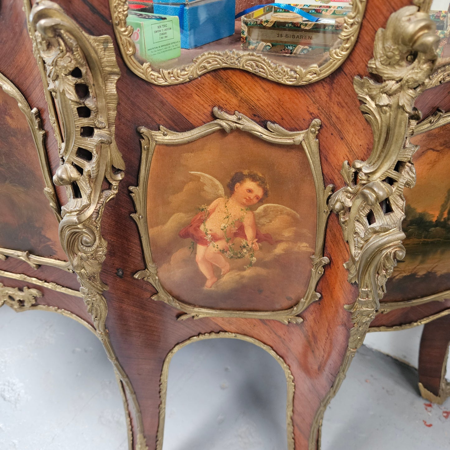 Rare Rosewood Vitrine With Stunning Hand Painted Panels & Gilt Bronze Ormolu trim