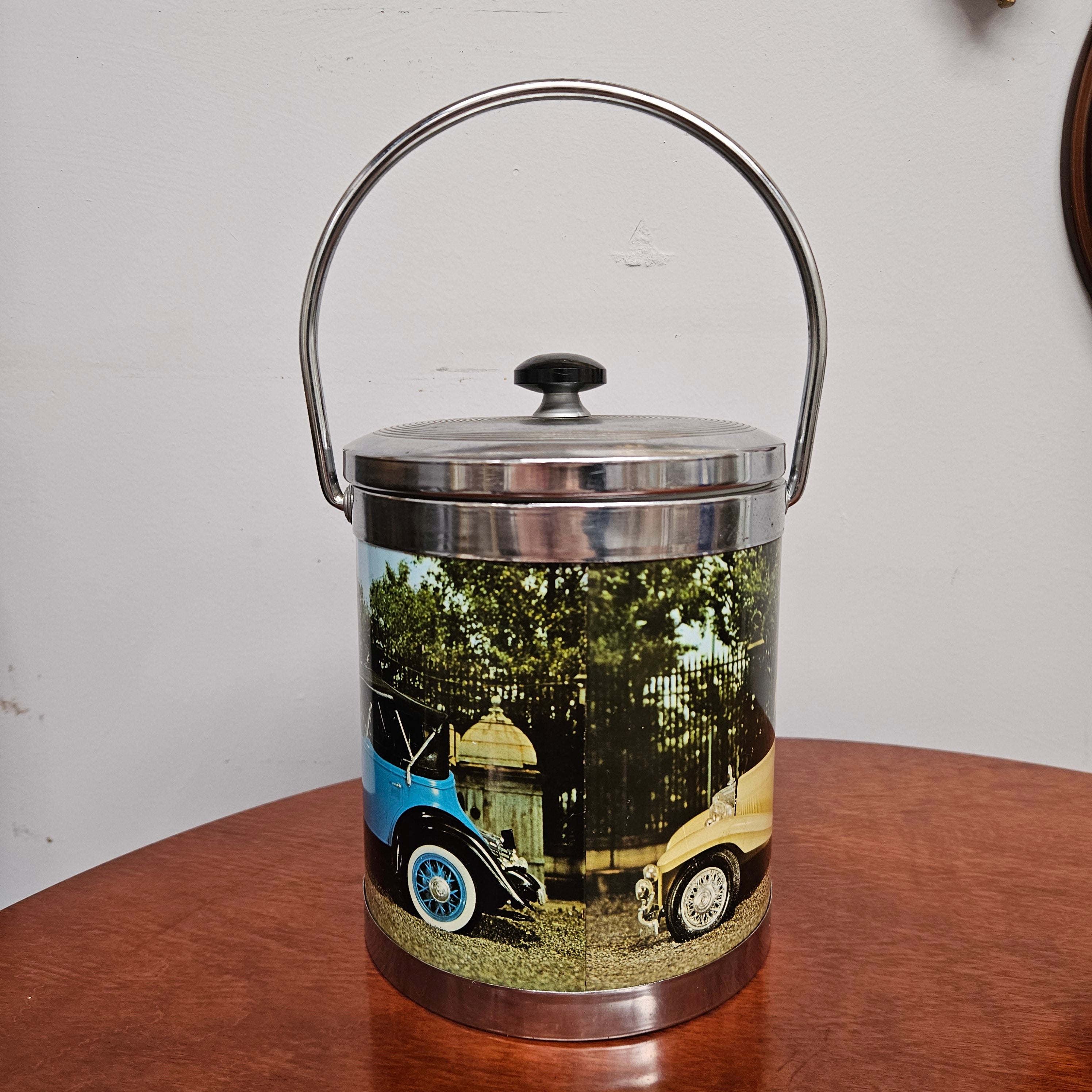 Vintage Ice Bucket Decorated With Vintage Motor Vehicles
