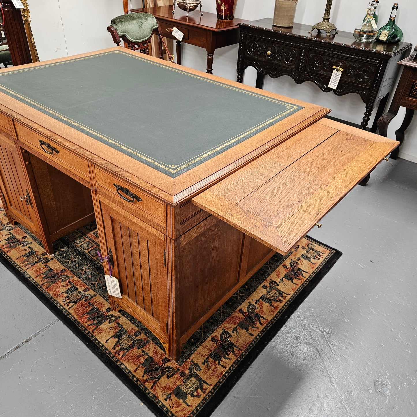 French Oak Art Deco Full Partners Desk With Leather Top