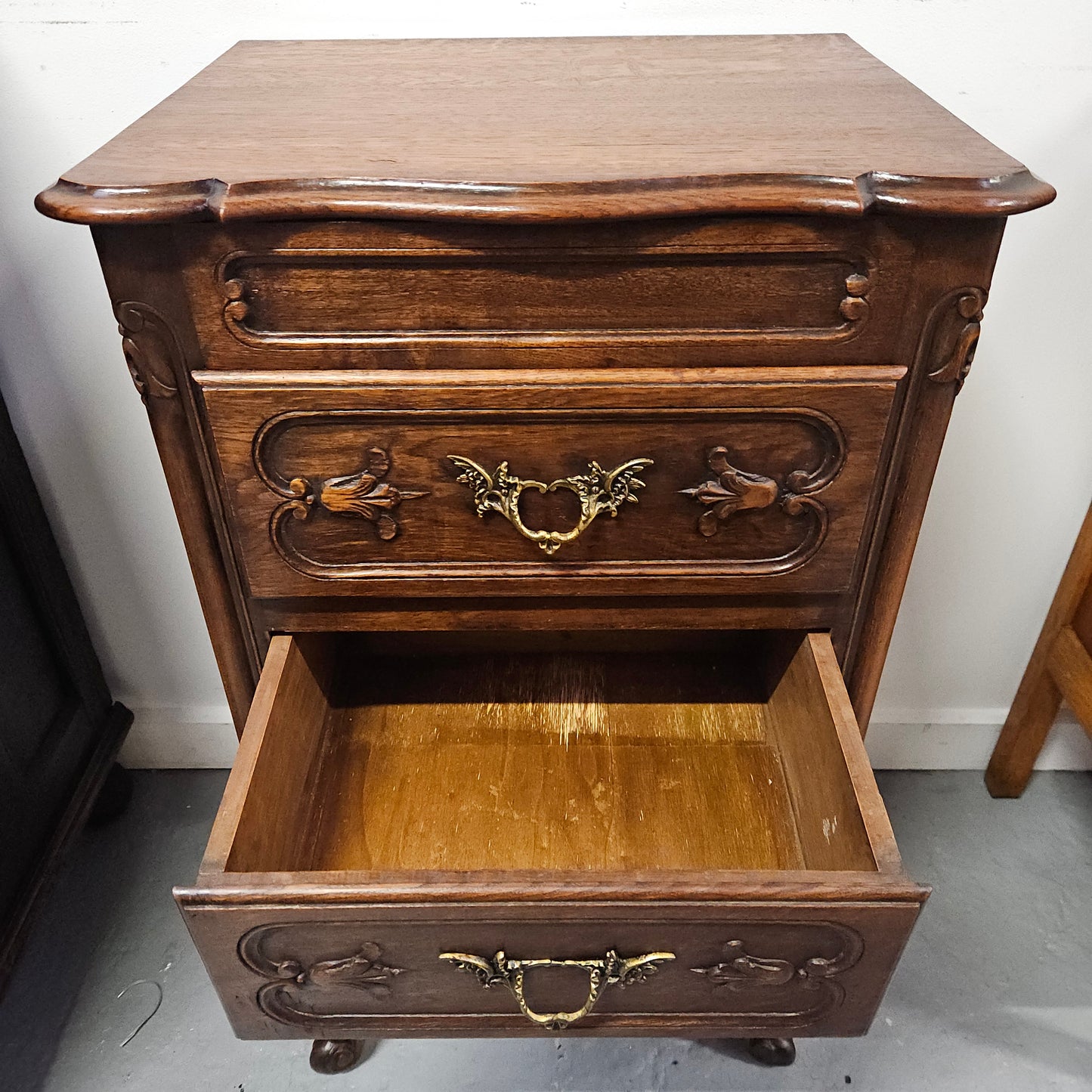 Louis XV Style Oak Three Drawer Side Cabinet