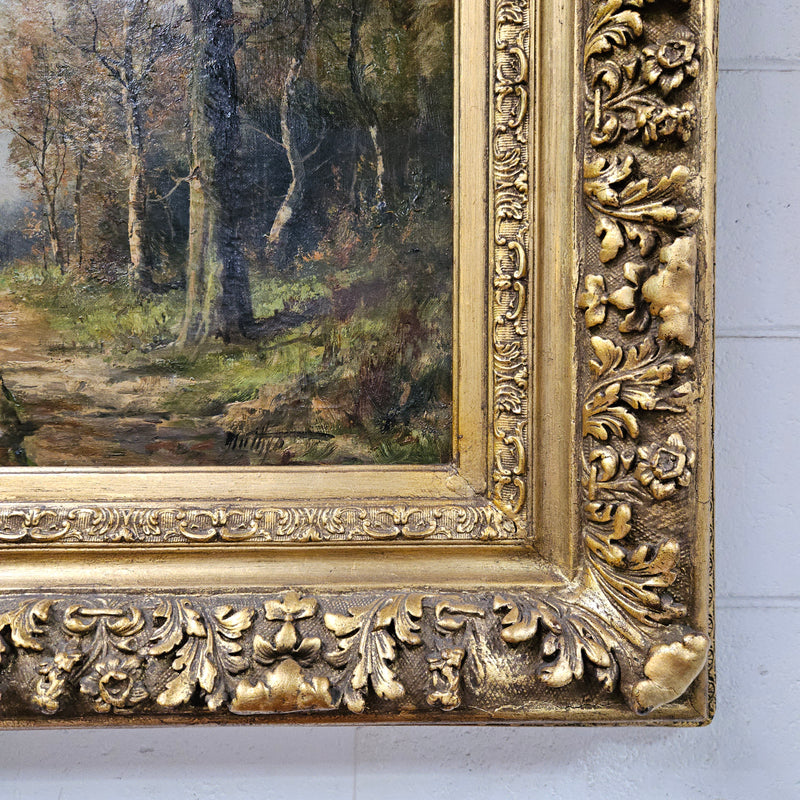 Signed oil on canvas "forest landscape with figures" in a highly ornate gilt frame. Sourced from France and in good original detailed condition. Please see photos as they form part of the description and condition.