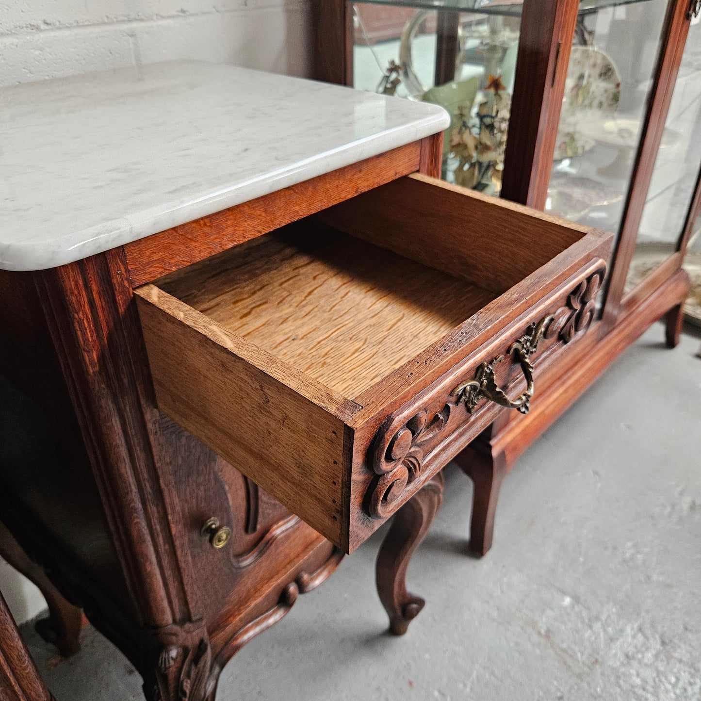 Pair of Louis XV Style White Marble Top Bedside Cabinets
