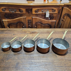 Set of Five French Copper Saucepans With Pouring Spout | Antique & Vintage | Moonee Ponds Antiques | Australia Wide Delivery