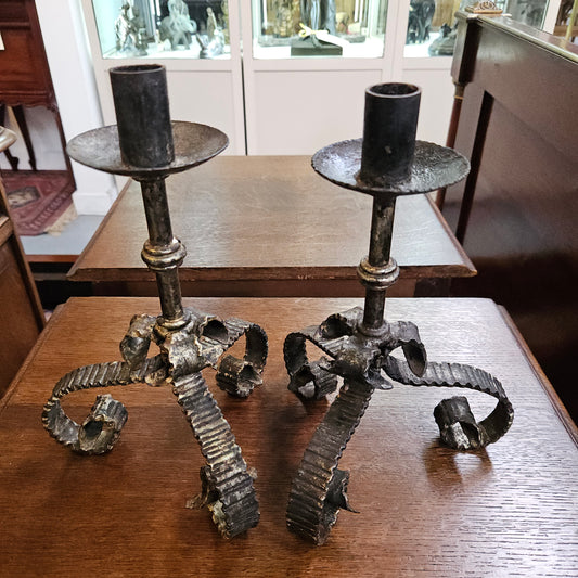 Rustic Pair of Wrought Iron Candlesticks