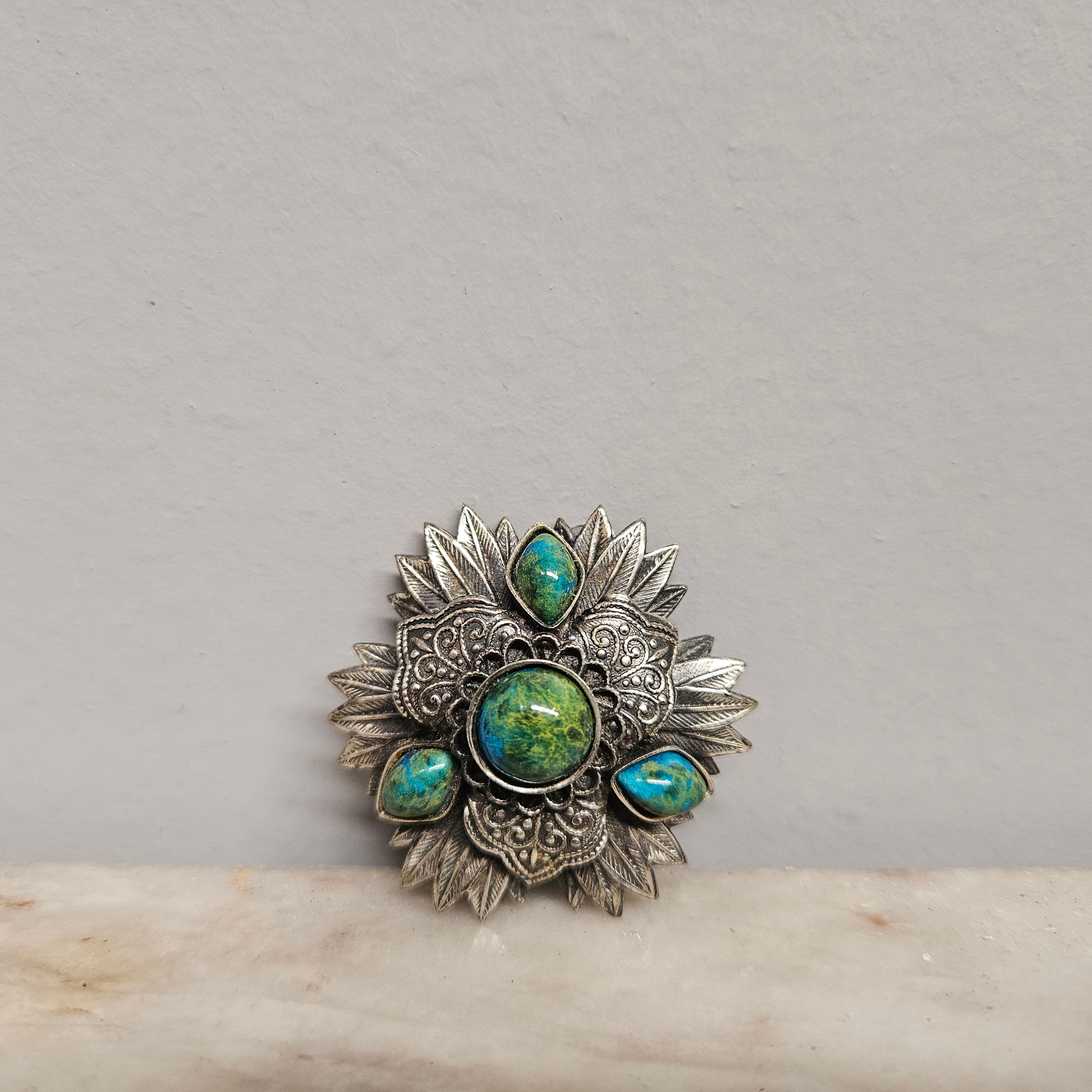 Decorative Vintage Silver Toned Brooch Set With Turquoise Coloured Stones