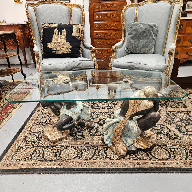 Vintage Carved Giltwood, Painted Blackamoor Glass Topped Coffee Table