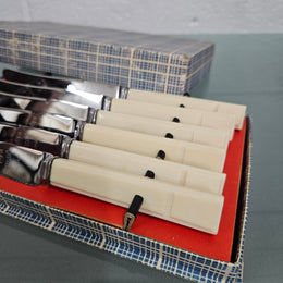 Six Vintage Viner & Hall Sheffield Faux Bone Handled Knives in Original Box