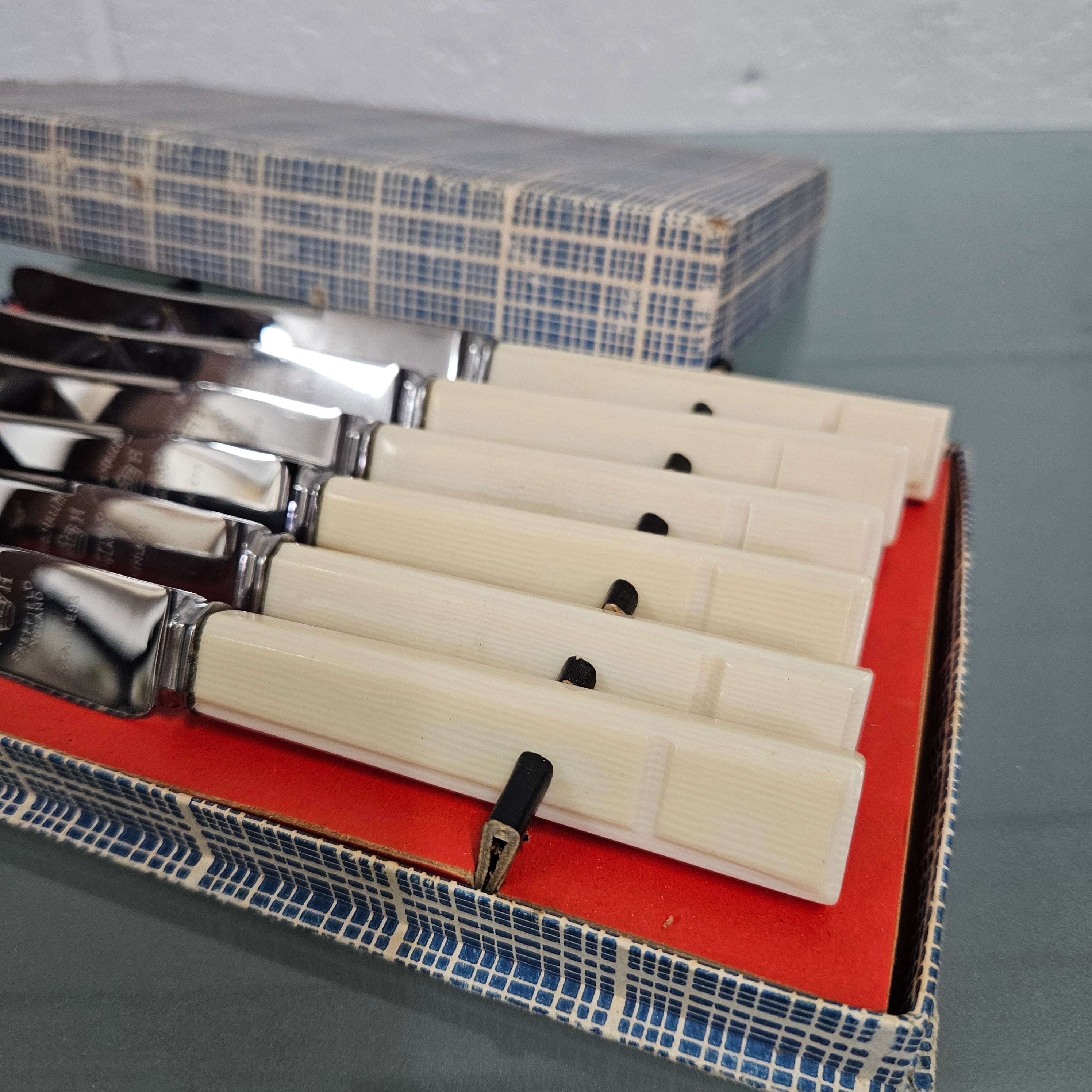 Six Vintage Viner & Hall Sheffield Faux Bone Handled Knives in Original Box | Antique & Vintage | Moonee Ponds Antiques | Australia Wide Delivery