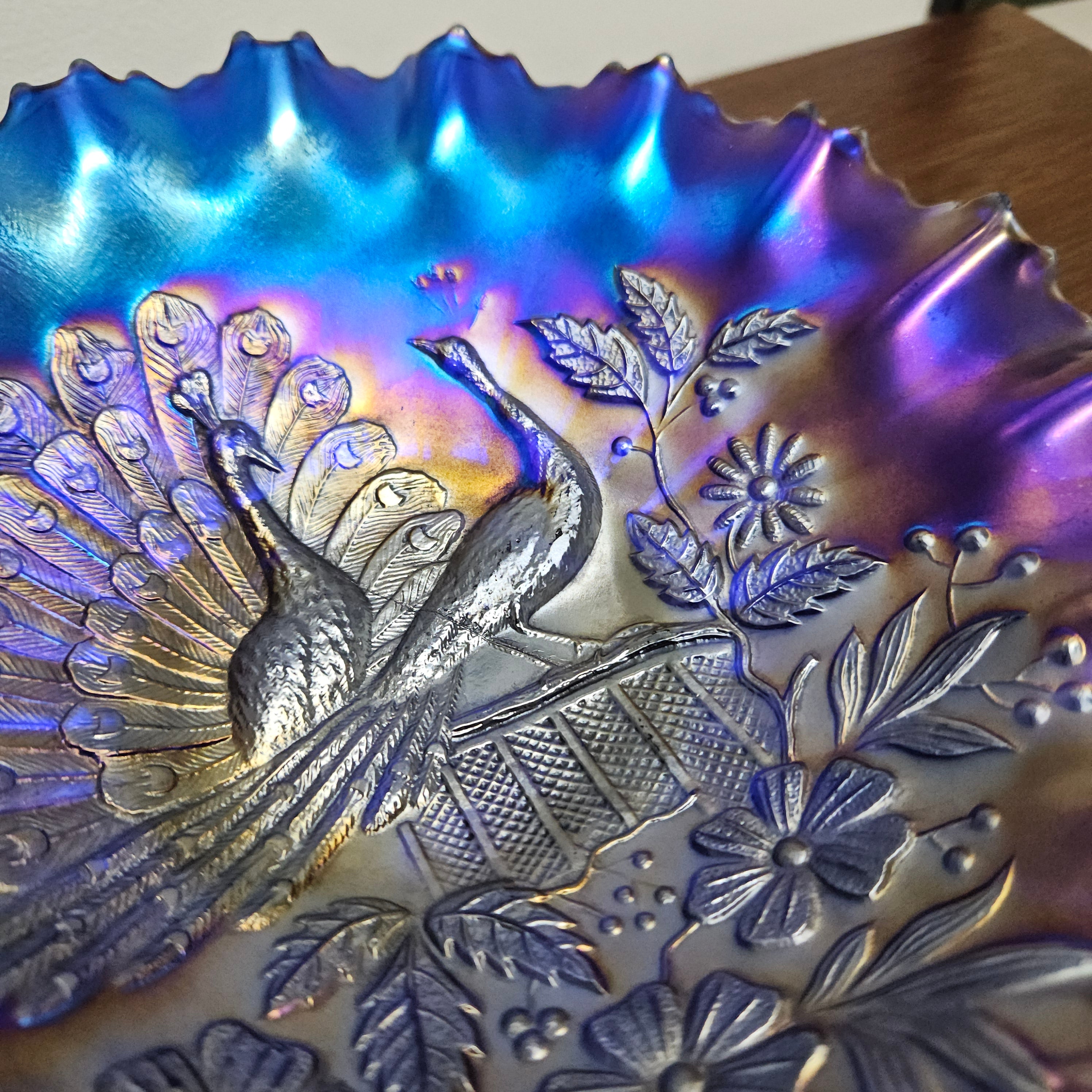 Superb Electric Blue Carnival Glass Bowl Northwood Peacocks | Antique & Vintage | Moonee Ponds Antiques | Australia Wide Delivery