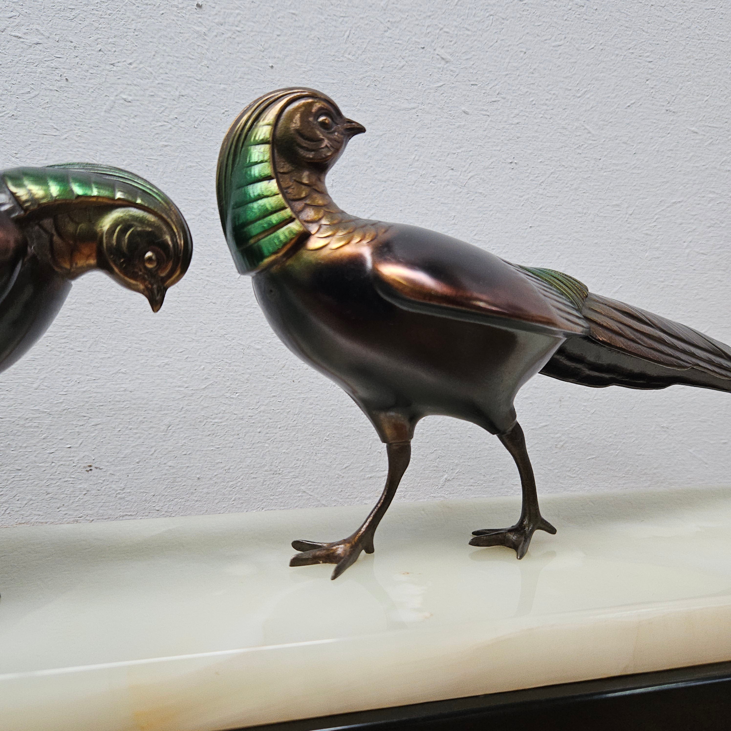 French Art Deco Pair Of Spelter Pheasants On A Marble Plinth | Antique & Vintage | Moonee Ponds Antiques | Australia Wide Delivery