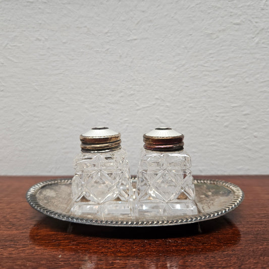 David Andersen Norway Crystal Sterling Silver Enamel Salt & Pepper Shakers On Tray