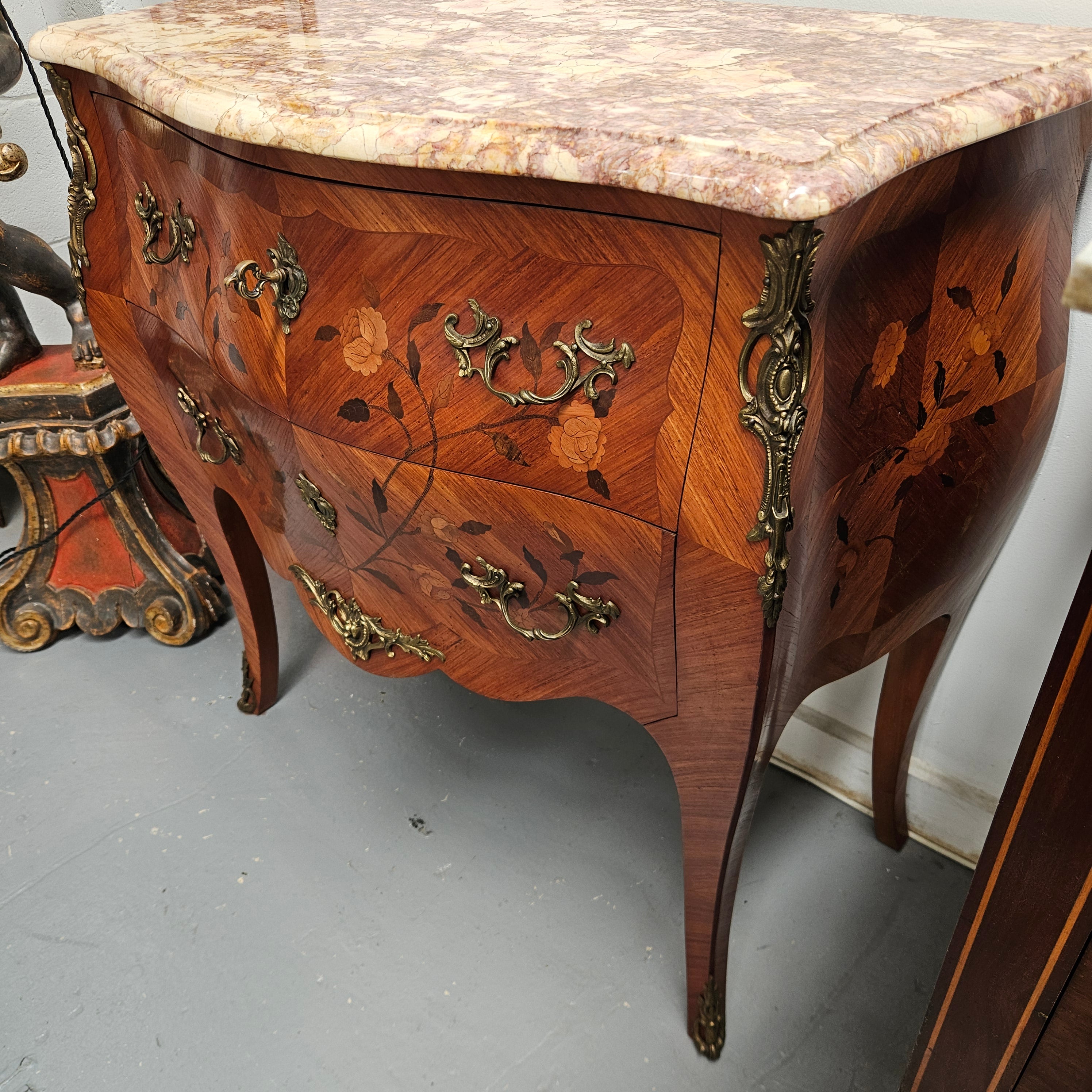Louis 15th Style Medium Size Marquetry Inlay Marble Top Commode. | Antique & Vintage | Moonee Ponds Antiques | Australia Wide Delivery