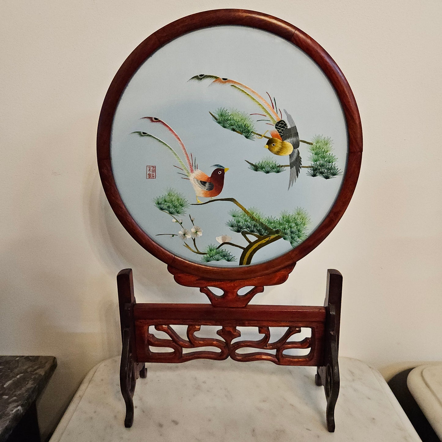 Vintage Chinese Screen on Rosewood Stand