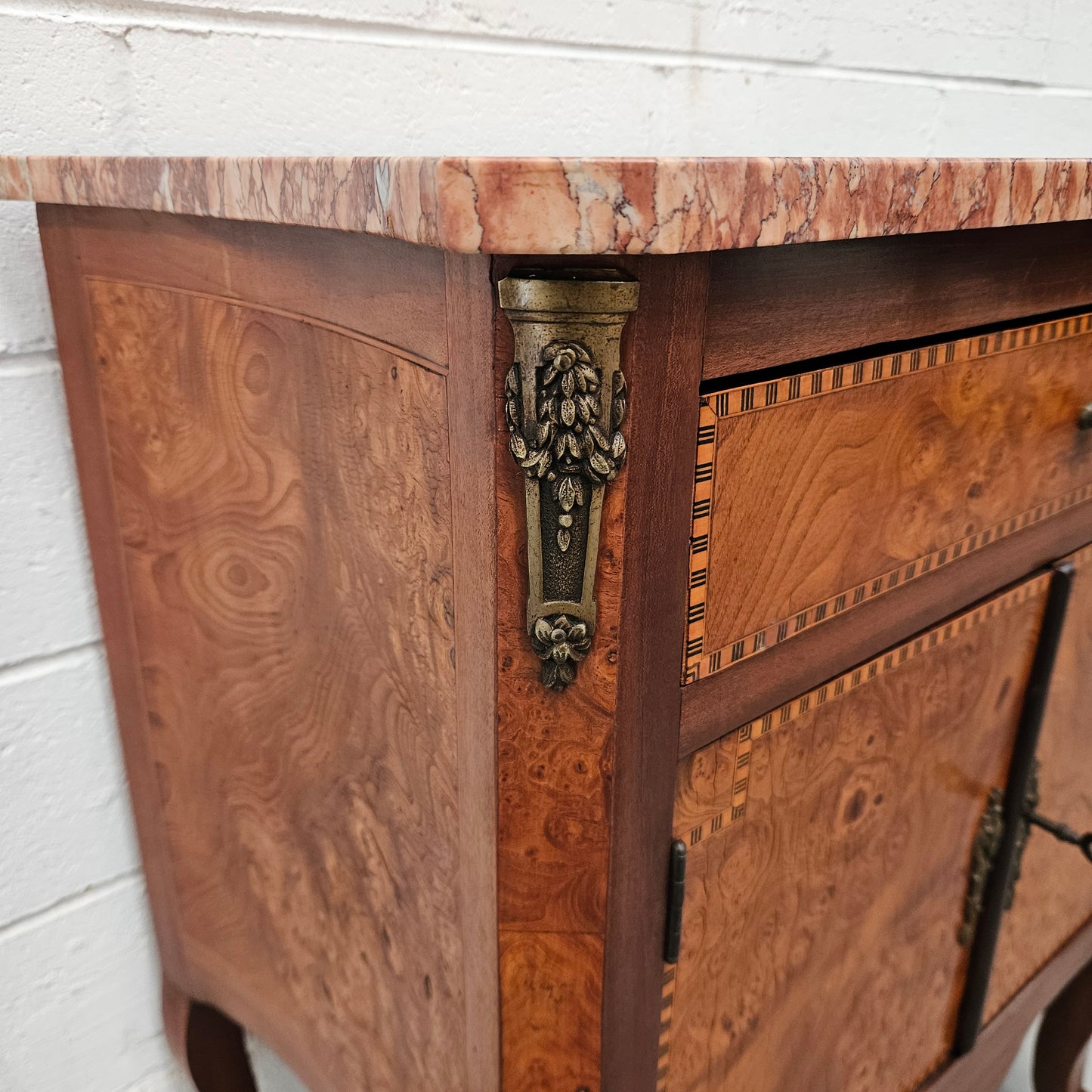 French Burr Walnut & Walnut Marble Top Side Cabinet