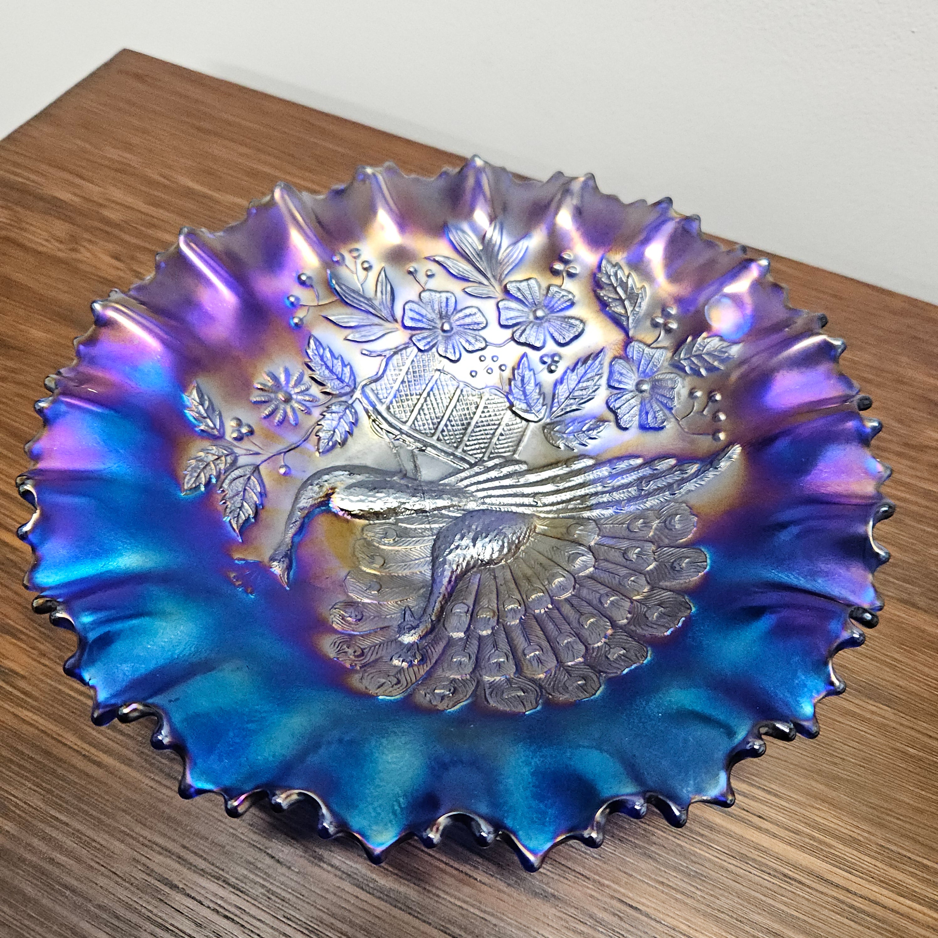 Superb Electric Blue Carnival Glass Bowl Northwood Peacocks | Antique & Vintage | Moonee Ponds Antiques | Australia Wide Delivery