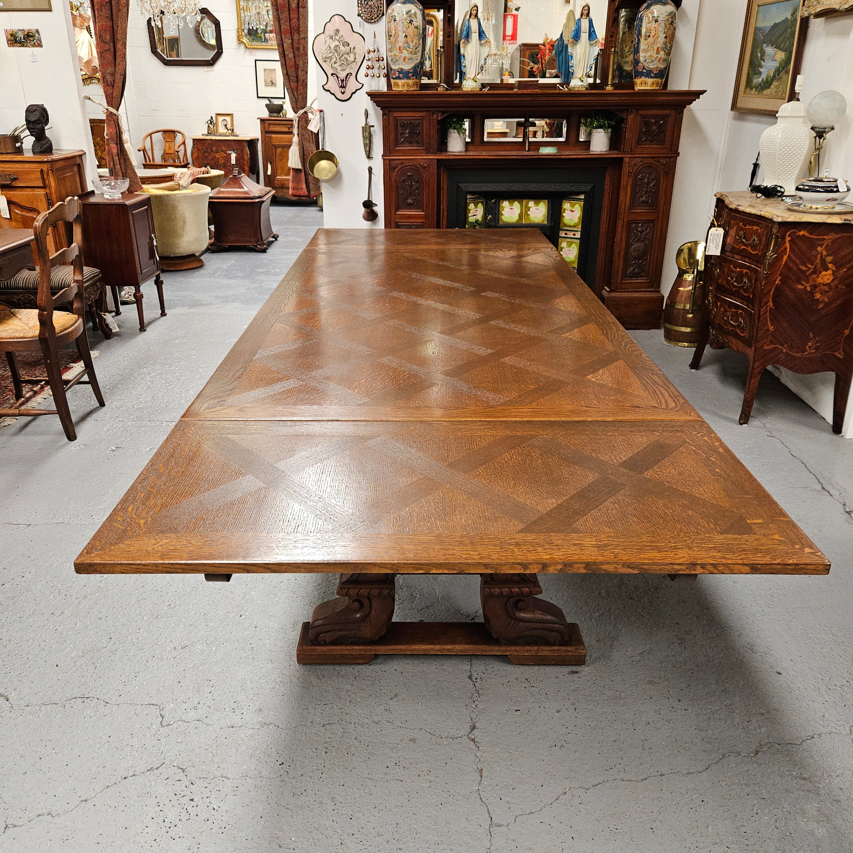 French Oak Spanish Style Parquetry Top Extension Dining Table | Antique & Vintage | Moonee Ponds Antiques | Australia Wide Delivery