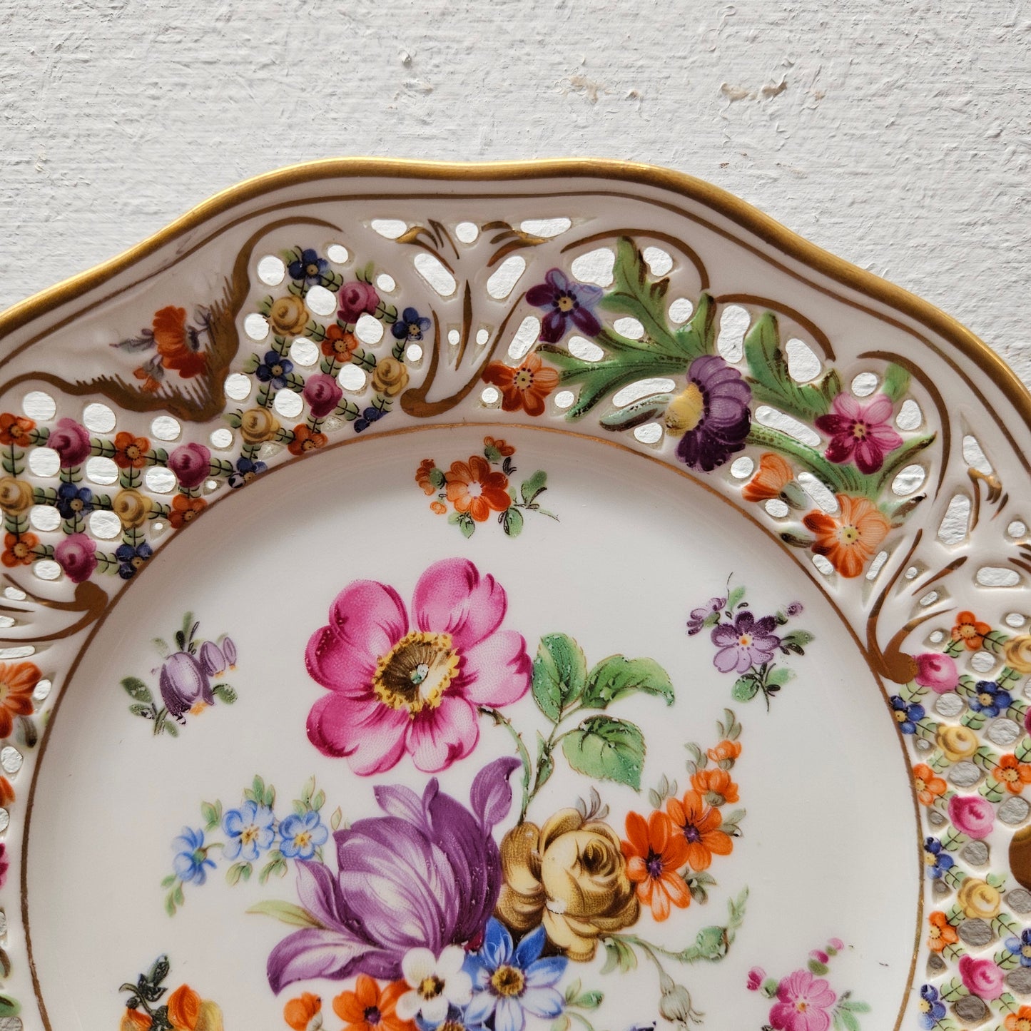 Pair Schumann Dresden Reticulated Hand Painted Plates