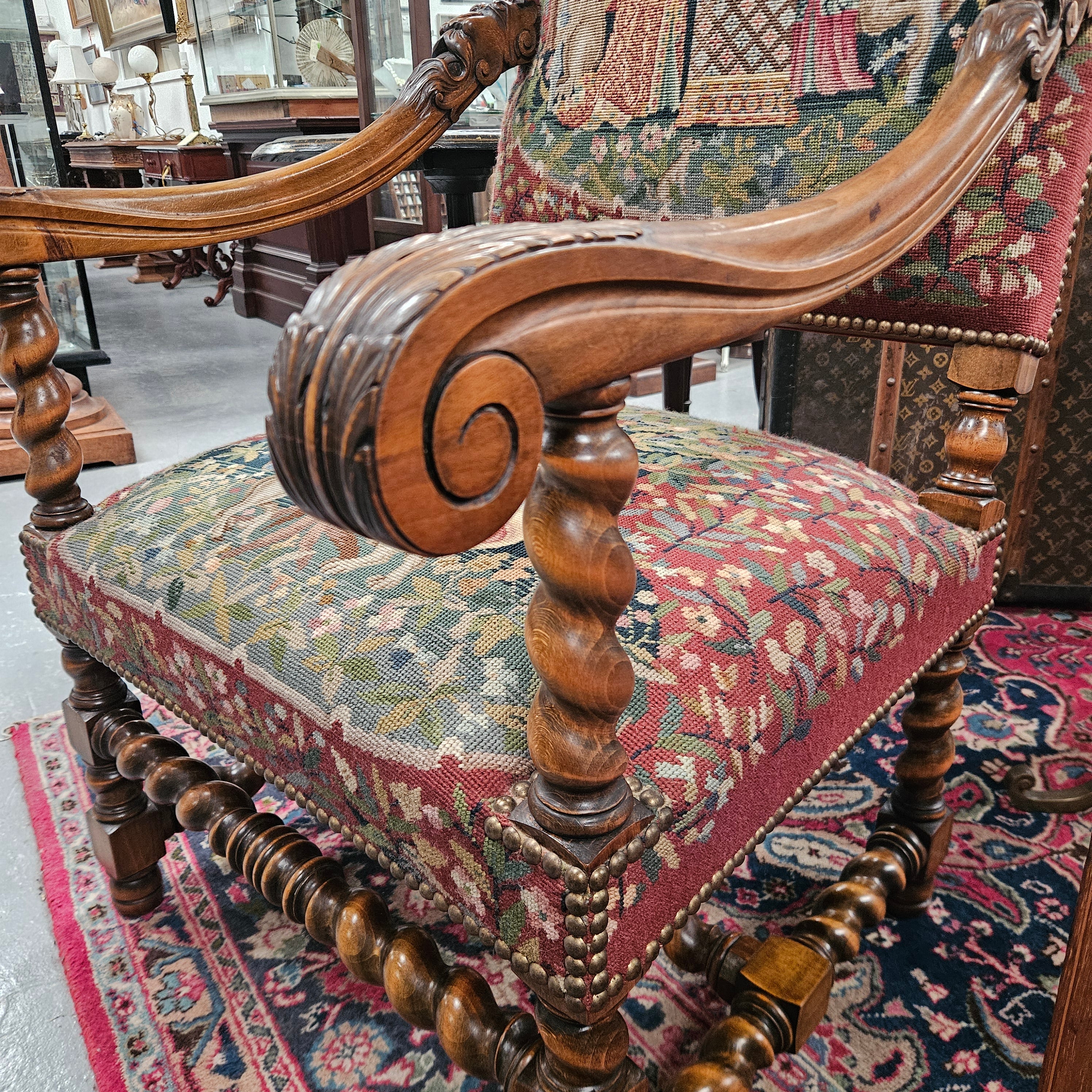 19th Century French Carved Walnut & Tapestry Fireside/Throne Chair | Antique & Vintage | Moonee Ponds Antiques | Australia Wide Delivery