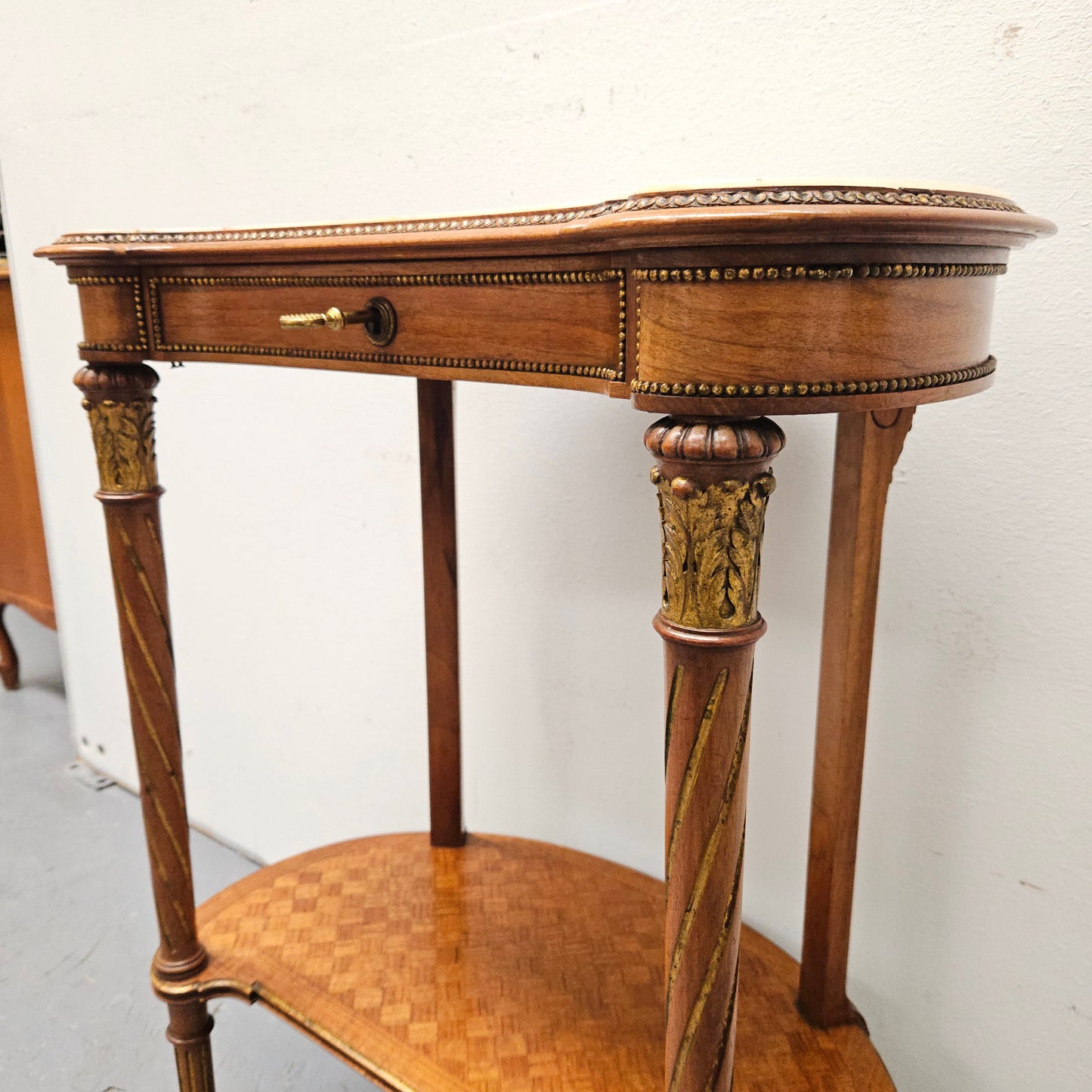 Louis XVIth Style Kidney Shape, Marble Top, Ormolu Trim Side Table