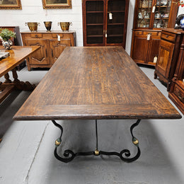 Vintage Elm Wood Spanish Style Refectory Table Wrought Iron Base