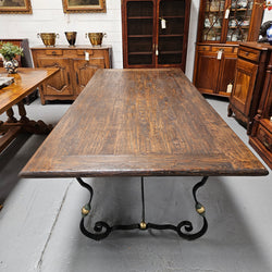 Vintage Elm Wood Spanish Style Refectory Table Wrought Iron Base | Antique & Vintage | Moonee Ponds Antiques | Australia Wide Delivery