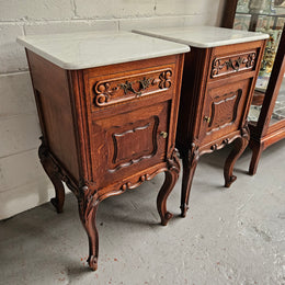 Pair of Louis XV Style White Marble Top Bedside Cabinets