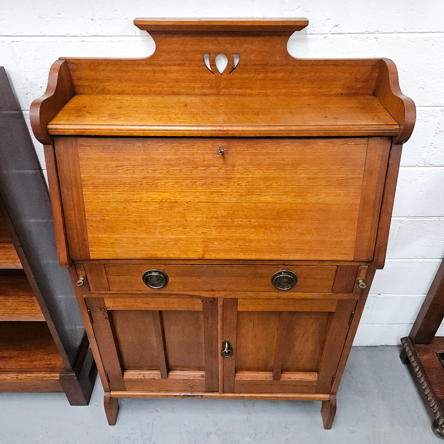 Australian blackwood Arts and Crafts secretaire desk. Sourced locally and in good original detailed condition. 