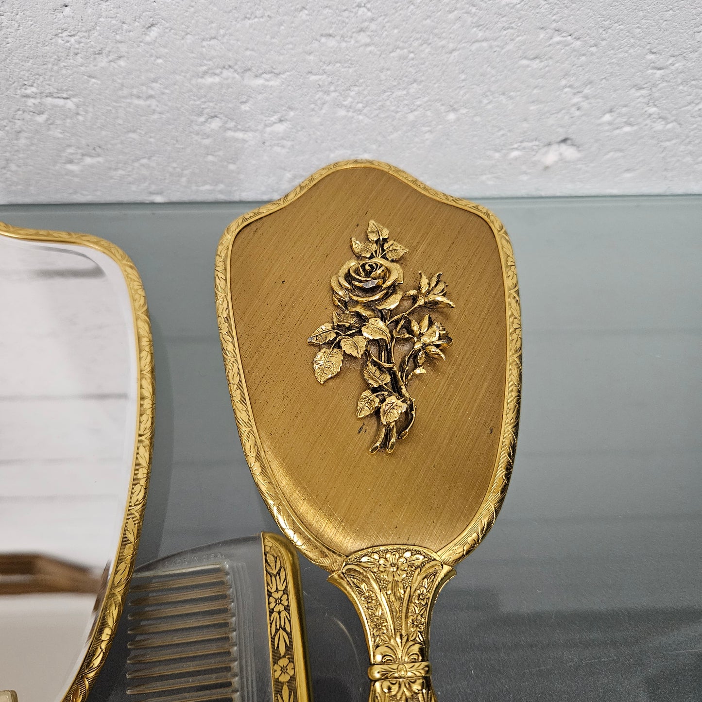 Gilt Brass Brush Mirror & Comb Set