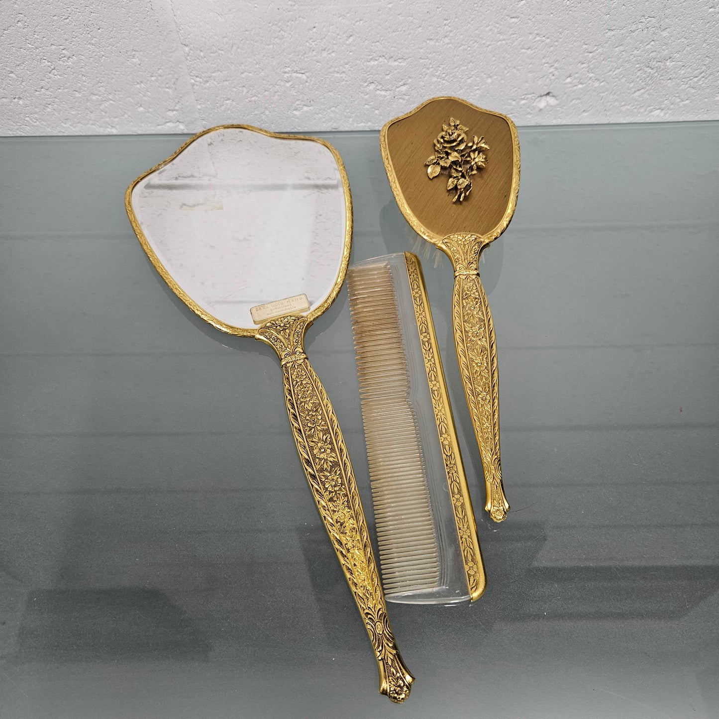 Gilt Brass Brush Mirror & Comb Set