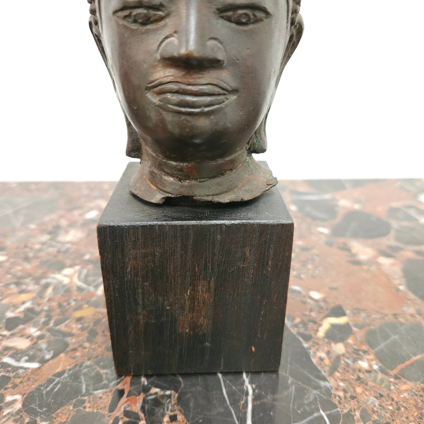 Antique Bronze Buddha Head On Plinth