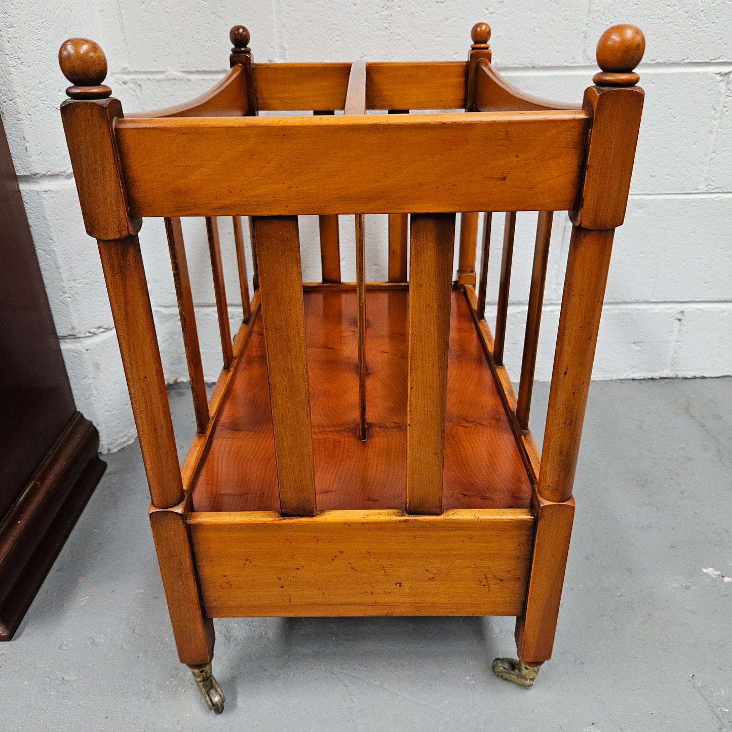 Vintage English Yew Canterbury Newspaper Stand on Brass Wheels