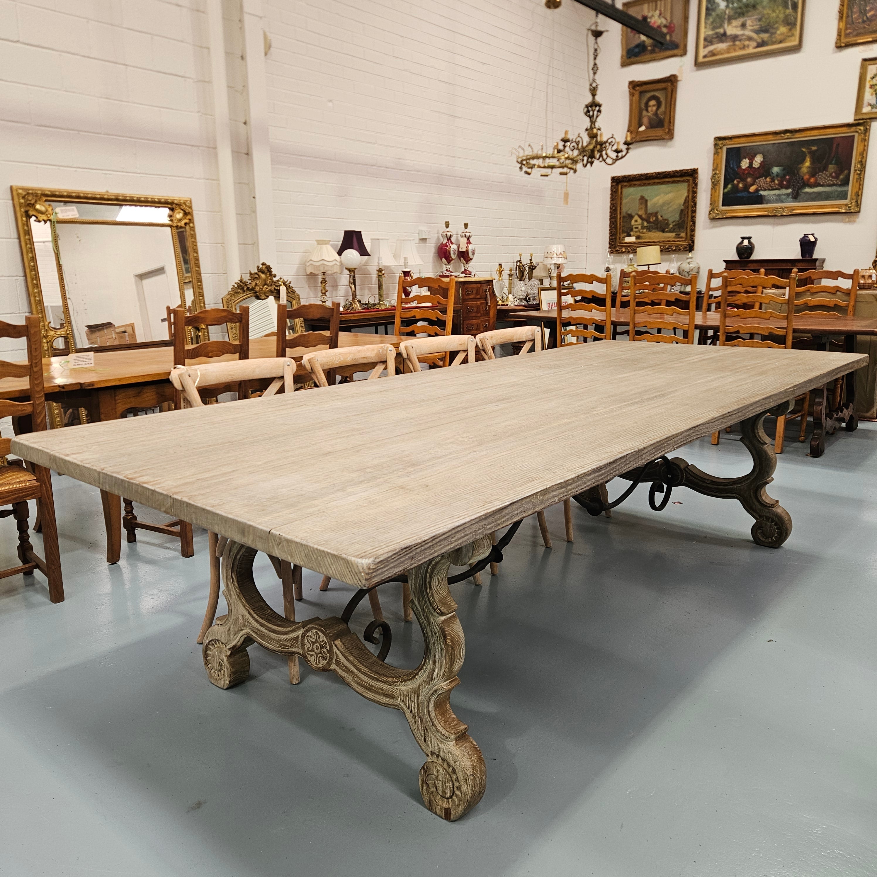 Large Antique French-Style Limewashed Dining Table