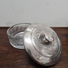 Unusual Victorian Vanity Glass Container with "Greek Key Pattern to Base" with a Silver Lid & Internal Mirror