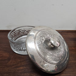 Unusual Victorian Vanity Glass Container with "Greek Key Pattern to Base" with a Silver Lid & Internal Mirror | Antique & Vintage | Moonee Ponds Antiques | Australia Wide Delivery