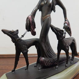 Small Art Deco Bronze Lady With 2 Borzoi Dogs