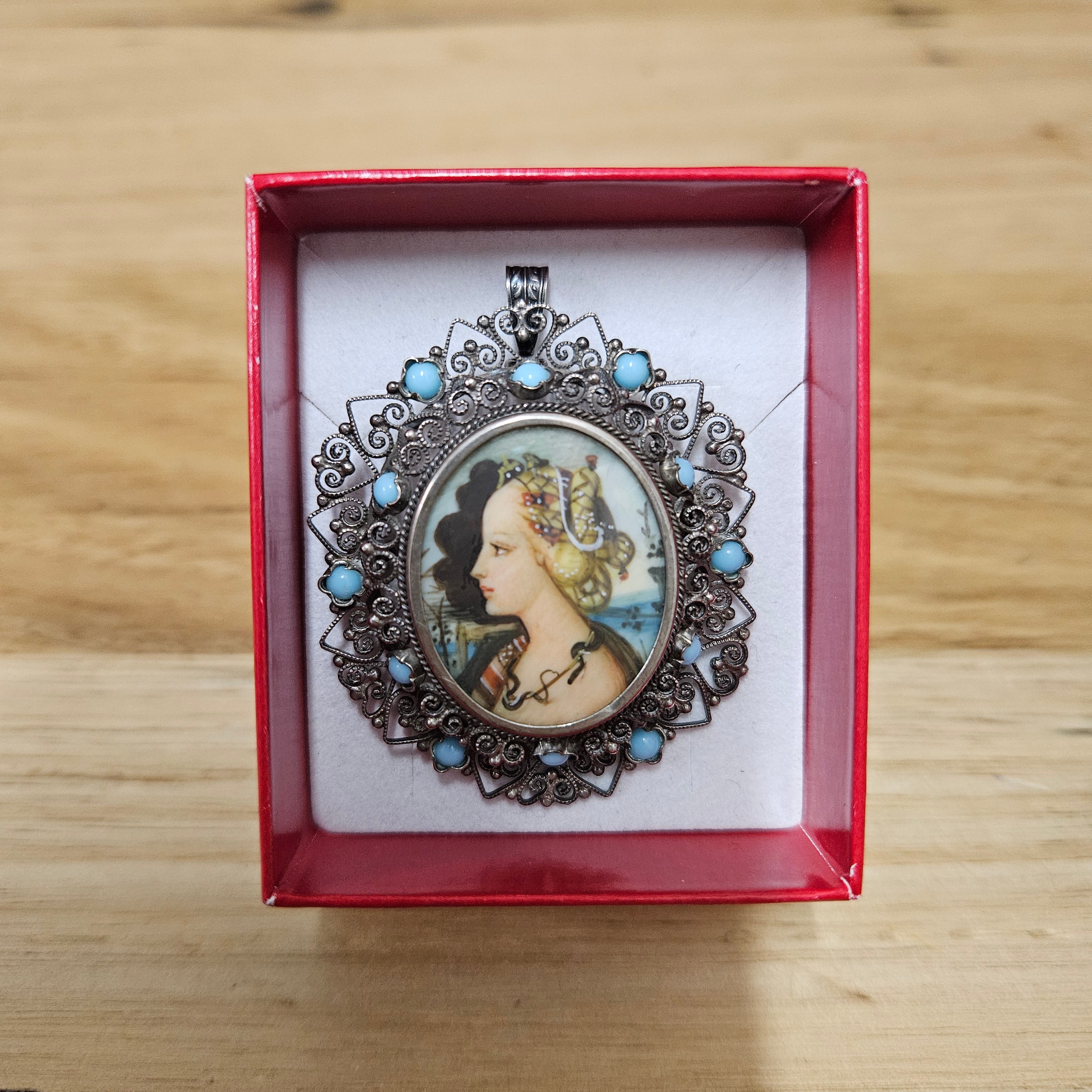 Vintage Silver (800) Filigree Frame With Stunning Hand Painted Portrait Of A Lady