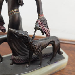 Small Art Deco Bronze Lady With 2 Borzoi Dogs