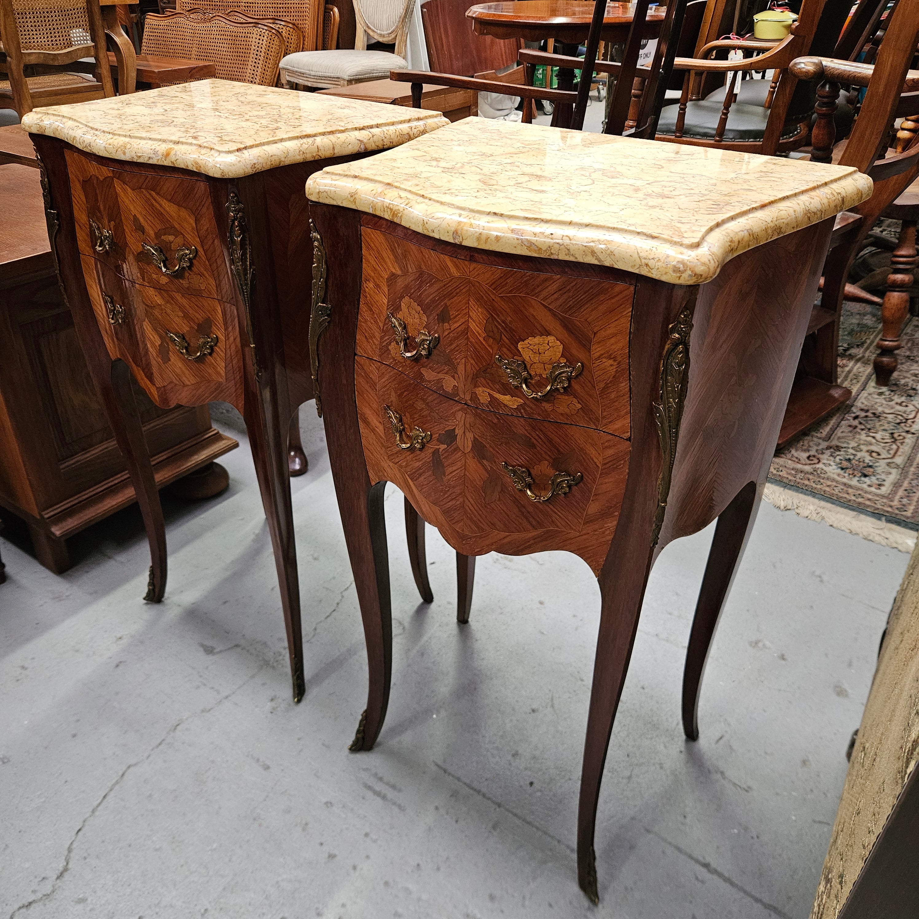 Elegant Pair of Louis XV Style Marble Top Bedsides | Antique & Vintage | Moonee Ponds Antiques | Australia Wide Delivery