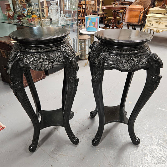 Pair Vintage Chinese Carved Ebonised Pedestals