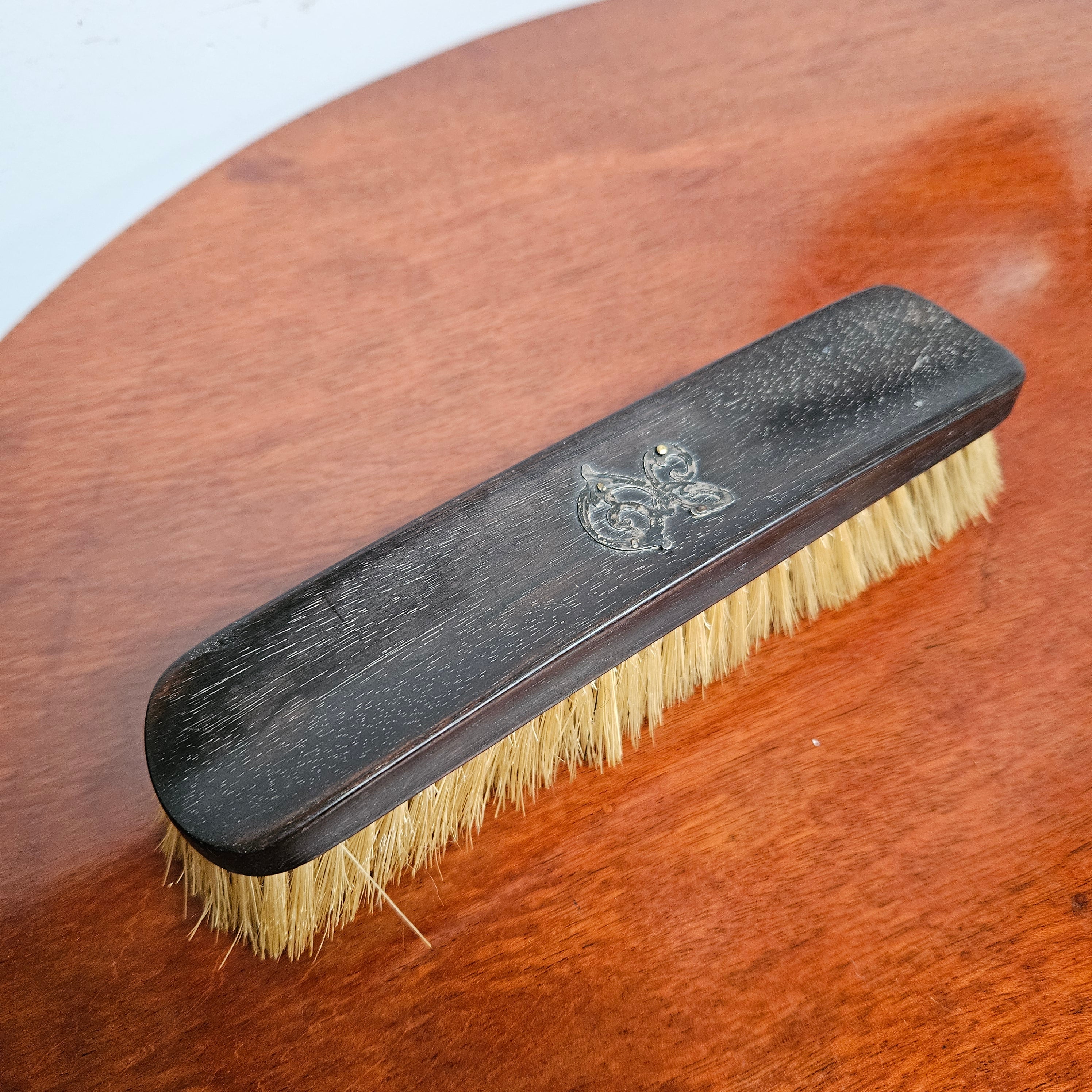 Antique Ebonised Wooden Brush With Silver Initials