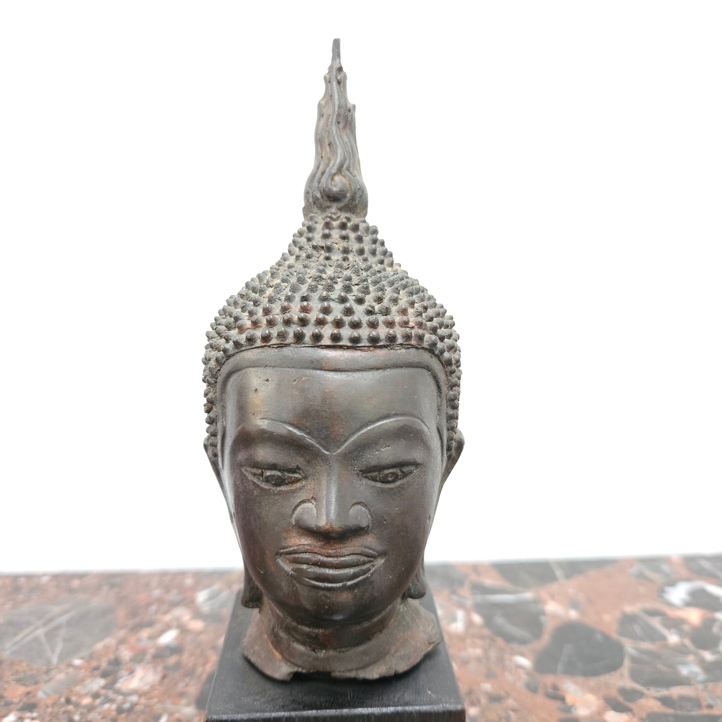 Antique Bronze Buddha Head On Plinth