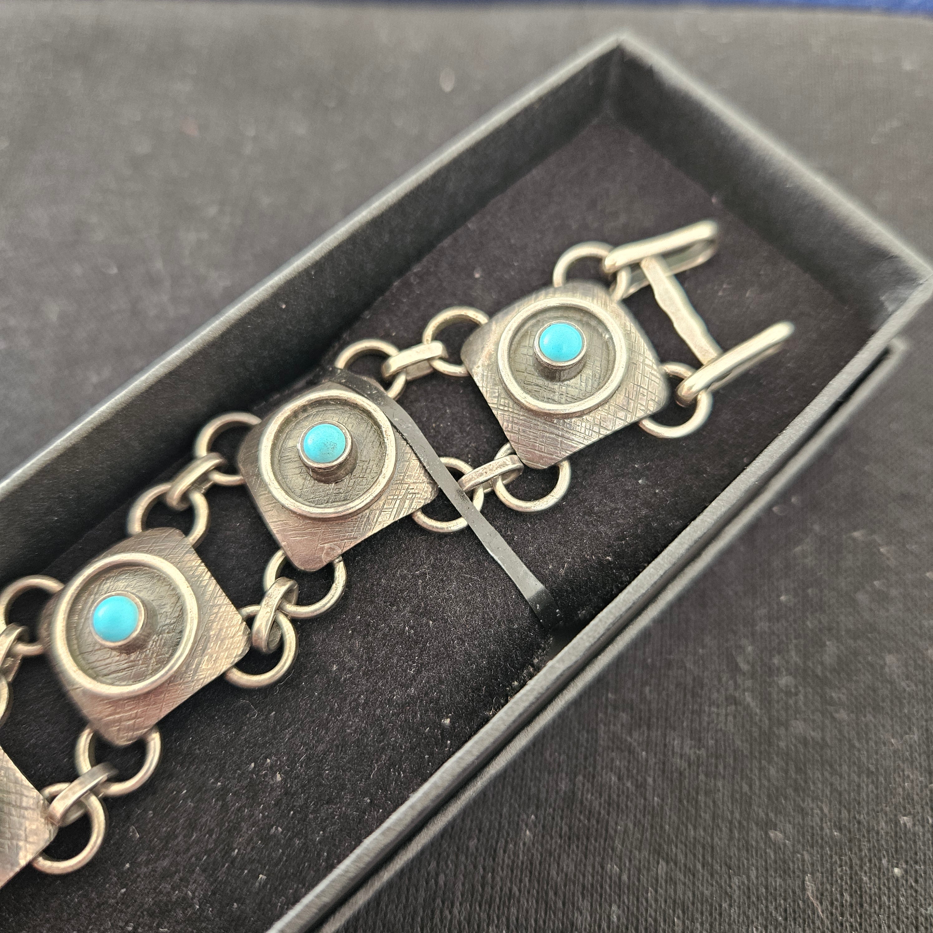 Vintage Silver "800" Modernist Bracelet set with Cabochon Turquoise. Maker ORNO Warsaw.